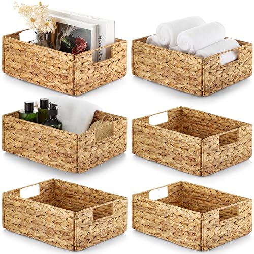 Bluewest Water Hyacinth Storage Baskets, Set of 6, Woven Bins with Handles | Organizer and Laundry Basket with Carrying Handles, Designed as a Rattan Bin for Shelves, Closets and Household Essentials.