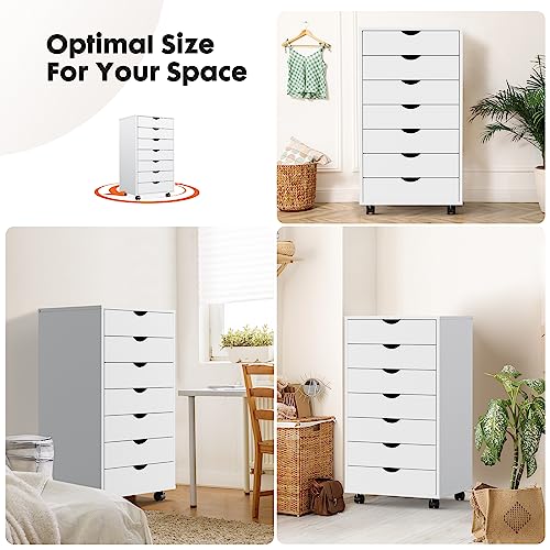 OLIXIS 7 Drawer File Cabinet on Wheels, Printer Stand | Fits Under Desks, Wood Storage Organization Holds Printer, Office Supplies, Not For Hanging Files, For Home Office Use White