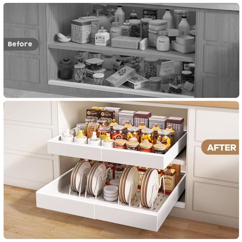 2Pack Pull out Cabinet Organizer 21"Deep with 4 Adjustable Dividers,Expandable(12.1"-20.4"W) Pots and Pans Organizer Under Cabinet with Raising Pad for Framed Cabinets,Slide out Drawers,White