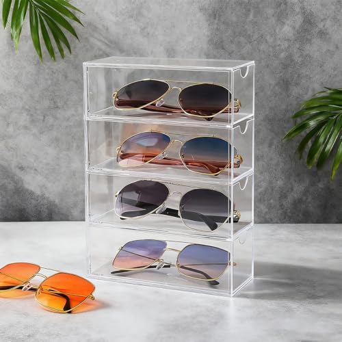 Acrylic Sunglasses Organizer with 4 Drawers | Clear Eyeglass Holder, Eyewear Display Case, Stackable Sunglass Storage Case For Women and Men Glasses Jewelry Watch Storage
