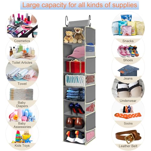 Large-Sized Hanging Shoe Organizer 8-Shelf, Hanging Closet Organizer with 8 Side Pockets, Wider Hanging Shelves for Storage Shoes Clothes 9" W × 11.8" D× 48" H, Grey