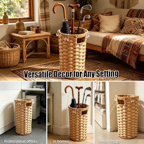 Rattan Umbrella Stand with Drip Tray - Hand Woven Entryway Umbrella Holder | Freestanding Small Rattan Rack Organizer with 4 Hooks for Folding Umbrellas & Canes, 7.5"L x 7.5"W x 16.5"H