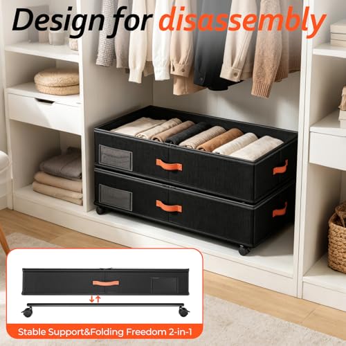 Under Bed Storage with Wheels 2-Pack, Under Bed Storage Containers 66L Clear Lids, Rolling Storage Drawers for Clothes Shoes Blankets, Underbed Organizer Bins(30" L x 16.2" W x 7.5" H)