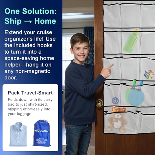 Magnetic Cruise Door Organizer – 13-Pocket Hanging Storage with 2 Large Shoe Pockets, No Hook Needed, Includes 3 Bonus Hooks, 2025 2026 Cruise Ship Essentials for Cabin, Bathroom, or Closet Use