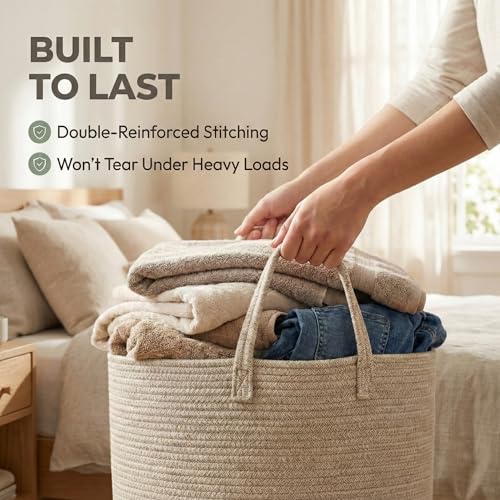 65L Extra Large Machine Washable Cotton Rope Blanket Basket | Collapsible Laundry Hamper, Reinforced Handles, For Blankets, Pillows, Toys and Clothes, Living Room and Bedroom, Oatmeal