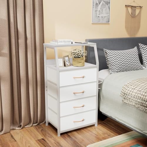 Tall Nightstand with 4 Fabric Drawers, Small Dresser for Bedroom | White Dorm Bedside Table , Dresser for Closet, Storage Drawer for Living Room, Entryway, Furniture, Metal Frame, Wood Top