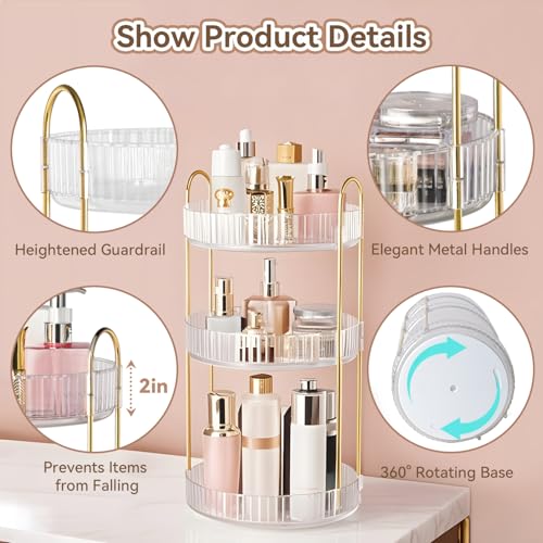 360° Rotating Makeup Organizer for Vanity, 3 Tier Perfume Organizers, Clear | Large Capacity Spinning Bathroom Countertop Organizer for Skincare Cosmetic Perfume Lipstick Nail Polish Storage