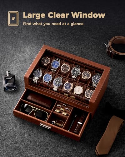 ProCase Watch Box for Men, 12 Slots Watch Display Holder -Brown | Clear Acrylic Top, Large Capacity PU Leather Case with Drawer Organizer, Jewelry Storage, Ideal Gift for Men Women