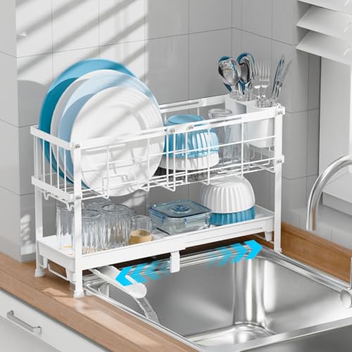 Narrow 2 Tier Dish Drying Rack - Expandable for Small Kitchens & RVs | Compact 7 in Deep, Expands 15.7-20.7 in, 360° Rotating Drain Spout, Removable Utensil Holder, Ideal for 1-2 People, White
