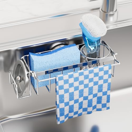TAILI 4-in-1 Sink Caddy for Kitchen Sink with Strong Suction Cup-Silver | Removable Sponge Holder for Kitchen Sink Organizer, Rustproof 304 Stainless Steel Holder for Sponge, Brush, Scrubber, Scraper
