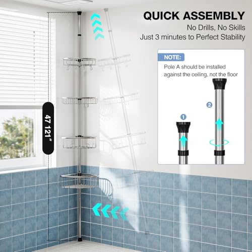 Corner Shower Caddy Tension Pole: Stainless Steel Rustproof 4-Tier Shower Organizer - 47-121 inch Adjustable Bathroom Shelves for Bathtub Shampoo Storage - Tension Rod Floor Standing Bath Rack
