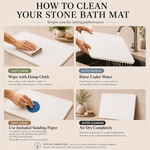 Stone Bath Mat – Diatomaceous Earth Quick Drying Non-Slip Bathroom Mat – Absorbent Diatomite Shower Mat, Durable & Easy to Clean, Modern, 23.6" x 15.3", (White - Linea)