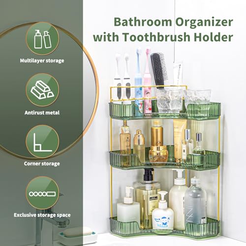 Makeup Organizer 3 Tier Bathroom Counter Organizer with Makeup Brush Holder | Corner Bathroom Organizer Countertop, Acrylic Counter Storage for Bathroom Dresser, Skincare Perfume Organizer- Green