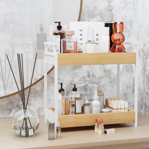 KLM Countertop Coffee Station Organizer, 2 Tier Wooden Shelf for Coffee Bar Accessories, Condiment Storage Caddy for Kitchen, Bathroom Counter Organizer, Home, Office - Natural