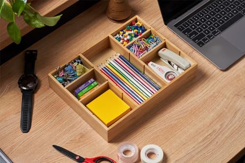 Bamboo Desk Drawer Organizer, Wood Junk Organizer Tray with Adjustable Dividers, Anti-Skip Storage Organization in Office Bathroom Drawer for Vanity, Makeup, 12" x 9"