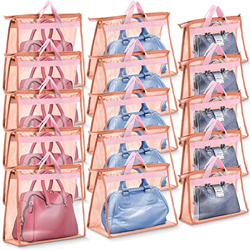 Shappy 15 Pieces Dust Cover Organizer Bags for Handbags, 3 Sizes Clear Handbag Storage Bag Purse Storage with Zipper and Handles Dust Bags for Purses Handbags Closet, 5 Each Size (Pink)