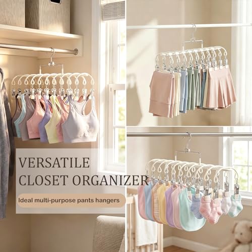 20 Clips Space-Saving Multi-Pants Hangers, 360° Rotating Hangers (Beige) | skirt hangers space saving,legging hangers for closet organizer,Space Saving Hanging Closet Organizer Metal pants organizer