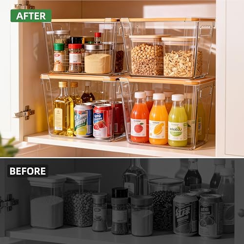 4 Pack Pantry Storage Containers for Onions, Potatoes and Trash Bags | Clear Design for Easy Access, Premium Bamboo Lid, Multi-Functional & Stackable Storage