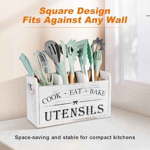 Kitchen Utensil Holder with 3 Compartments, Wooden... (Brown | Wood)