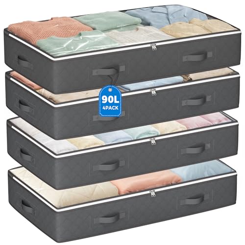 90L Under Bed Storage Containers, 4 Pack Closet Organizers Grey | Foldable underbed storage bins for linen sheets, blanket, clothing, comforter, sweaters, pillows, wrapping paper