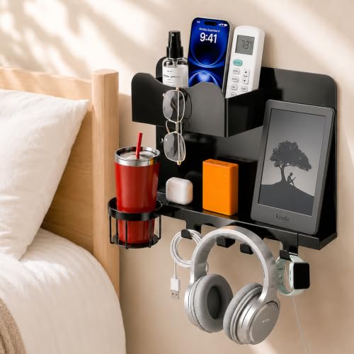 Metal Bedside Wall Shelf, No Drill Floating Bedsid... (Black | Metal)