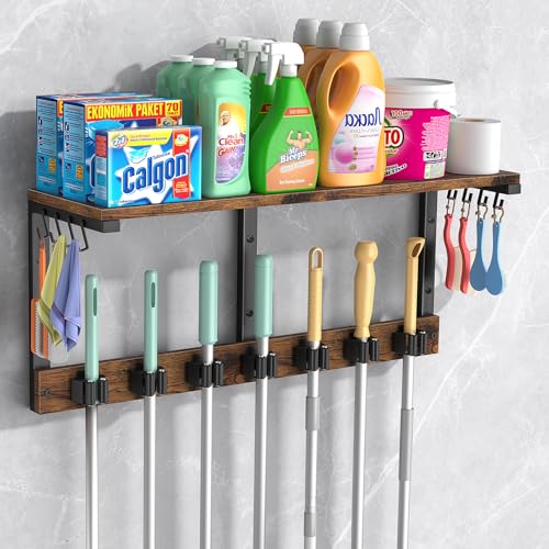 Housolution Wall Mount Broom Holder Laundry Room Storage Organizer Shelves | Thickened Metal Frame, 100 LBS High Load-Bearing, Large Capacity, Multifunctional with 7 Grippers & 8 Hooks