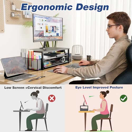 Desk Organizer and Accessories, 2-Tier Computer Monitor Stand Riser with Drawer and 2 Pen Holders, Laptop Stand, Office Desk Accessories for Office Supplies, 1 Pack, White