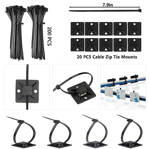 300PCS Cable Management Kit,4 Cable Sleeve 35 Cable Clips | 11Cord Holders,20 Roll Cable Organizer Straps, 200 Fastening Cable Ties,20 Cable Zip Tie Mounts for Computer TV Under Desk