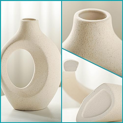 Snuggle Hollow Ceramic Vase Set of 2 Boho Home Table Decor Vase | Modern Nordic Aesthetic Pampas Grass Flower Vases for coffee Centerpiece Living Room Decorative Milky White W6.3" X H8.4"