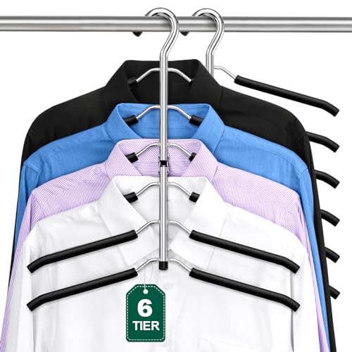 DOIOWN Space Saving 6 Tier Coat Hangers - Non Slip Foam Padded, Black Metal Sweater & T Shirt Hangers for Men & Women, 2 Pack Closet Organizers