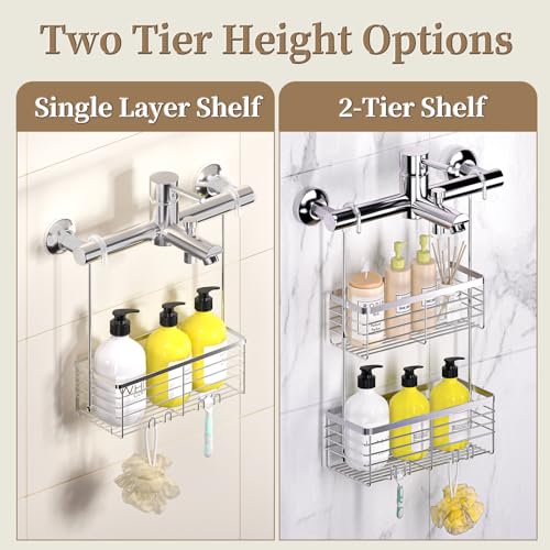 DELLAN Hanging Shower Organizer, Shower Rack with Hooks Over the Door | Bathroom Shower Caddy and Basket