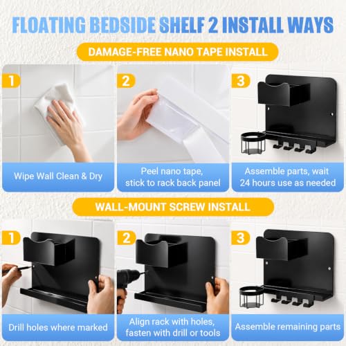 Metal Bedside Wall Shelf, No Drill Floating Bedside Shelf Wall Organizer | Bedside Wall Shelf with Detachable Cup Holder for Bedroom, Dorm, Nightstand Alternative, Bunk Bed Accessories & RV Storage