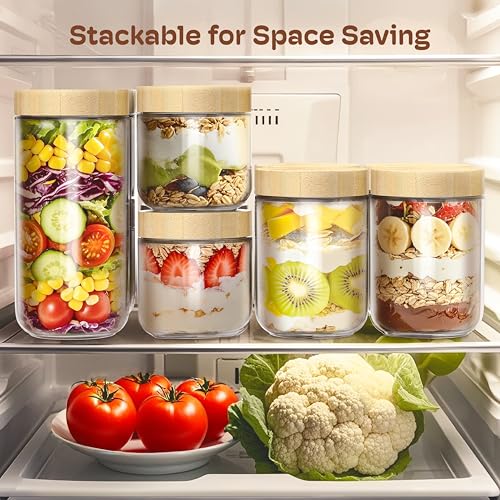 16 oz Overnight Oats Containers with Bamboo Lids, Glass Mason Jars 6 Pack