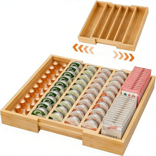 Bamboo Coffee Pod Holder Drawer, Expandable K Cup... (Natural | Bamboo)