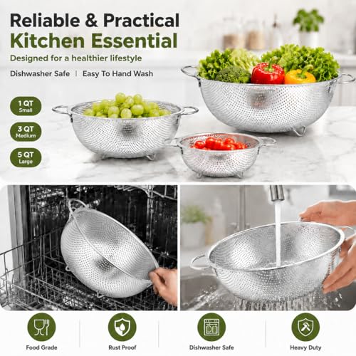 TeamFar Colander Set of 3, Stainless Steel Perforated Colander Strainer | Metal Food Strainer for Draining/Washing/Rinsing Pasta Vegetables Fruits, Healthy, Sturdy & Dishwasher Safe - 1/3/5 Quart