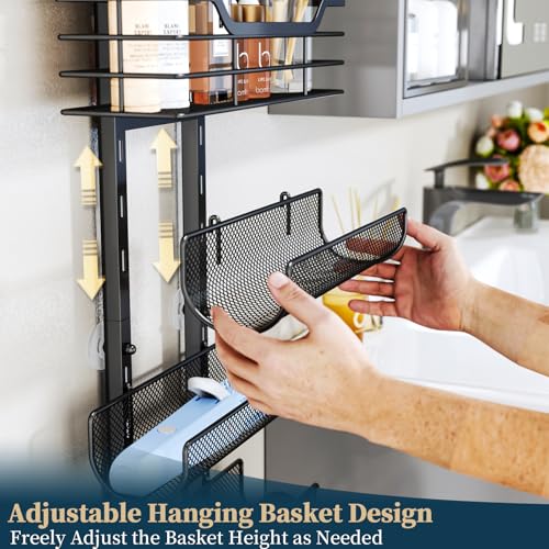 6-Tier Hair Tool Organizer - Hair Dryer Holder Over The Door/Wall Mounted DIY Adjustable Shelf Bathroom Door Organizer with Hook for Curling Iron/Blow Dryer/Straightener Black