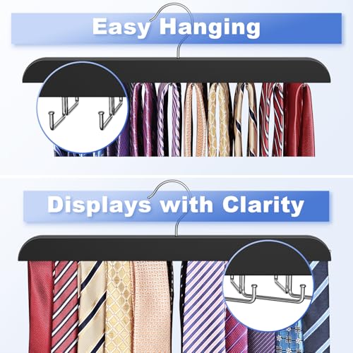 Upgraded Tie Rack Hanger with 20 Foldable Metal Hooks, Space Saving Necktie Organizer for Men – Large Capacity Tie and Belt Wooden Hanger for Closet - Black 2 Pack