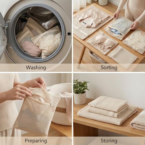 4-Piece 100% Cotton Mesh Laundry Bags, Premium Soft No-Dye Natural Delicate Bags with Sturdy Zippers, Breathable for Underwear, Socks, Clothes & Pants