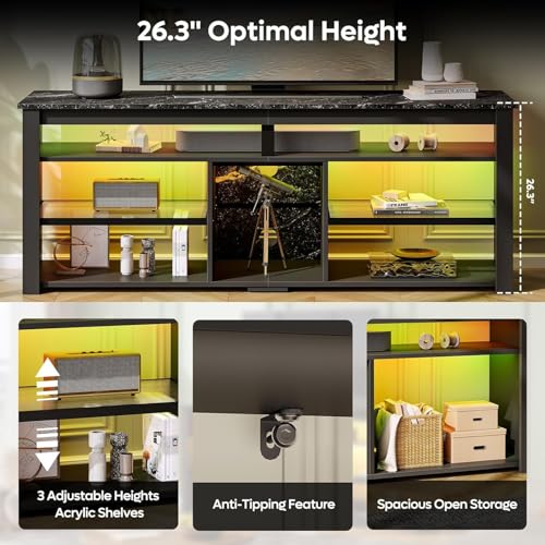 Bestier TV Stand for 70 inch TV, Tall Entertainment Center with 2 Led Lights, Gaming TV Console with Storage for PS5, Modern TV Cabinet for Bedroom, Living Room, Black Marble