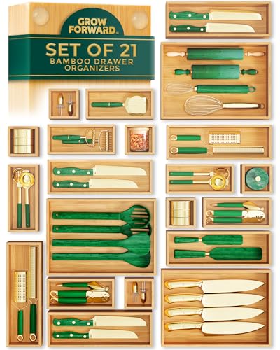 Grow Forward Bamboo Drawer Organizer Boxes - Set of 21 Wooden Drawer Organizers for Kitchen, Bathroom, Office, Desk, Vanity, Makeup - Non-Slip Junk Drawer Organizer Trays for Storage and Organization