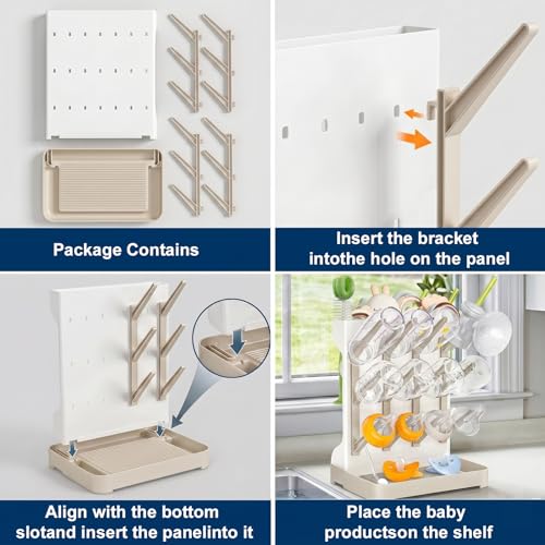 GoMaihe Baby Bottle Drying Rack: Space Saving Vertical Bottle Dryer Holder - Baby Accessories Storage Stand Organize Brushes Pacifiers on Countertop - BPA-Free - Beige