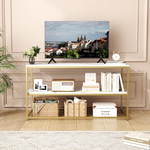 Function Home TV Stand for TVs up to 50 Inch, 2 Tier Entertainment Center, Modern TV Cabinet with Marble Top and Gold Metal Base, 42" Media Console Table with Storage for Living Room Bedroom