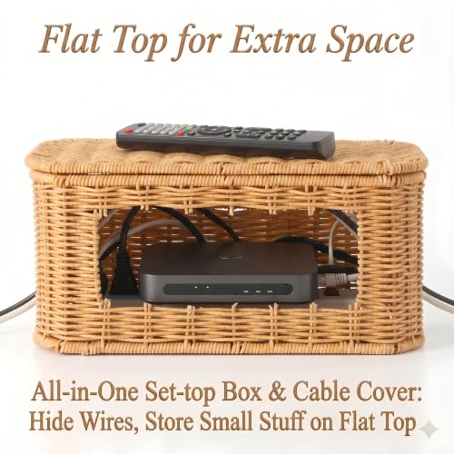 Large Cable Management Box with Lid, Wicker Basket Hides Power Strips, TV Boxes & Routers