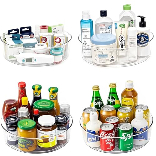 4 Pack Lazy Susan 11.5" Inch Turntable Organizer Organization Storage Container Bins Spice Rack Cabinet Rotating Condiment for Pantry Countertop Kitchen Vanity Bathroom Jewelry Holder Clear