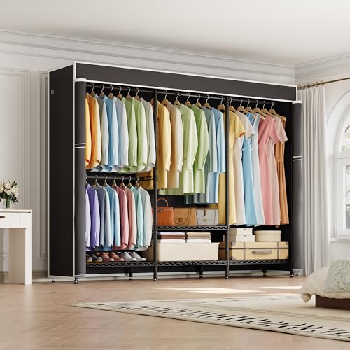 Higeego H8 Heavy Duty Clothes Rack with Cover, Black Portable Closet | Garment Rack with Cover, Clothing Rack for Hanging Clothes, Black Closet Rack with Oxford Dustproof Cover, Closet Organizer