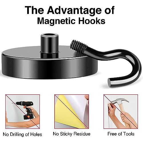 Magnetic Hooks Heavy Duty 170LB+ Strong Black Magnets Hook | Rare Earth Neodymium Hooks with Epoxy Coating Cruise Magnets with Hook for Hanging Refrigerator Garage 6 Pack
