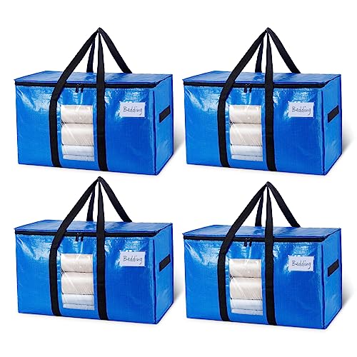 TAILI 4 Pack Blue Extra Large Moving Bags,Storage Bags with Visible Window | 93L Heavy Duty Totes For Storage,Wrap Around Handles,Alternative to Moving Boxes, College Dorm,Perfect for Moving