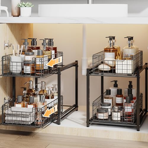 Under Sink Organizer, 2-Tier Pull Out Cabinet Orga... (Black | Metal)