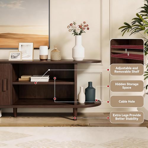 65" Mid Century Modern TV Stand with Power Outlet, Fluted Entertainment Center with Storage and Adjustable Shelves, Wood TV Console with Sliding Doors for Living Room, Walnut