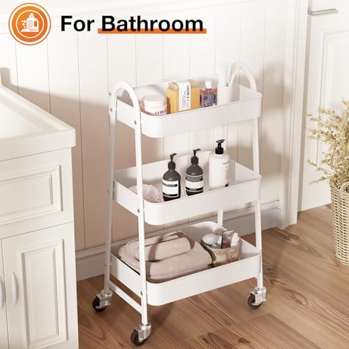 3-Tier Metal Rolling Cart with Lockable Wheels, He... (White | Metal)